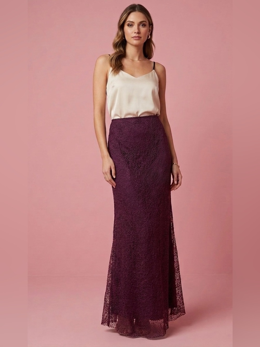 NWT Sara Mique Burgundy Lace Maxi Skirt Formal, Boho, Elegant Size XS
